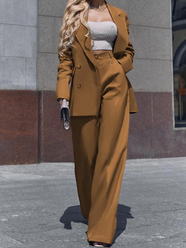 Women's Solid Double Button Lapel Neck Blazer & Wide Leg Pants Two-piece Set, Elegant Fashion Casual Long Sleeve Outerwear & Pocket High Waist Trousers for Daily Outdoor Wear, Women's Clothing for Spring & Fall