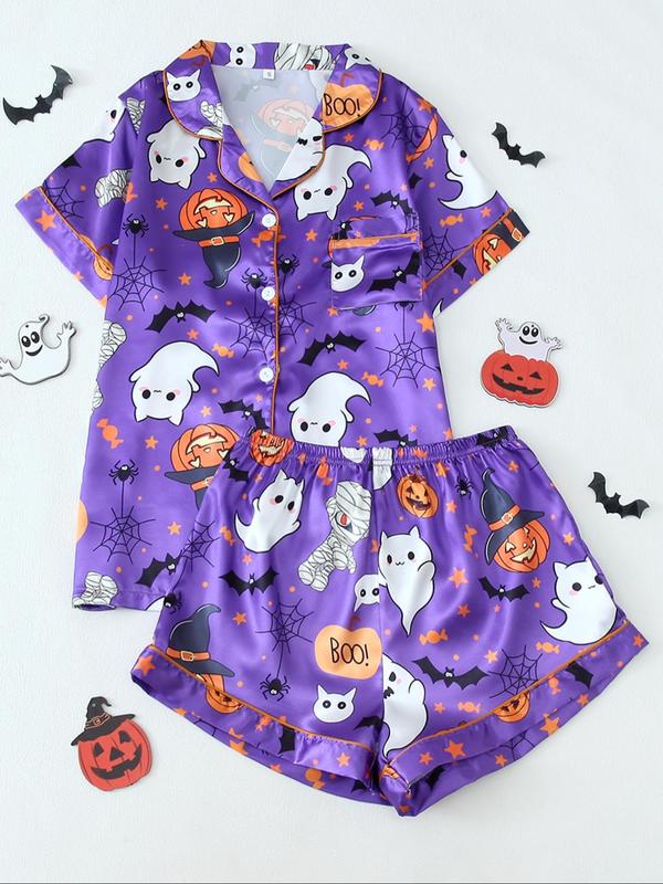 Women's Cartoon Pumpkin and Ghost Print Pocket Shirt & Shorts Christmas Theme Satin Pyjama Two-piece Set, Casual Comfy Short Sleeve Halloween Button Front Top & Shorts Pj Set, Ladies Sleepwear for Fall Back To School, Halloween Costumes