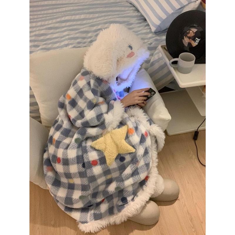 Fashion Graceful and Cute Cartoon Animal Big Dog Ear Plush Hooded Coral Velvet Night-Robe Women's New Thickened Warm Loungewear Advanced Trend