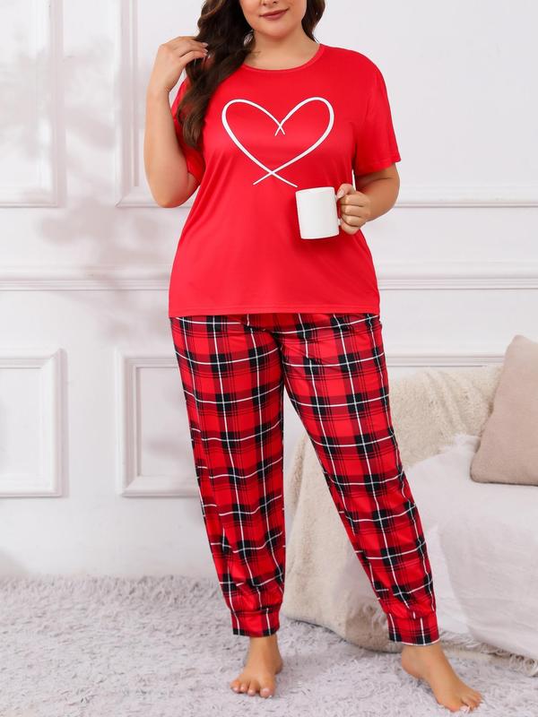  Two-piece Set Heart Print Short Sleeve Tee & Plaid Print Pants Pyjama, Casual Comfy Round Neck T-shirt & Trousers Pj Set, Women's Sleepwear for All Seasons