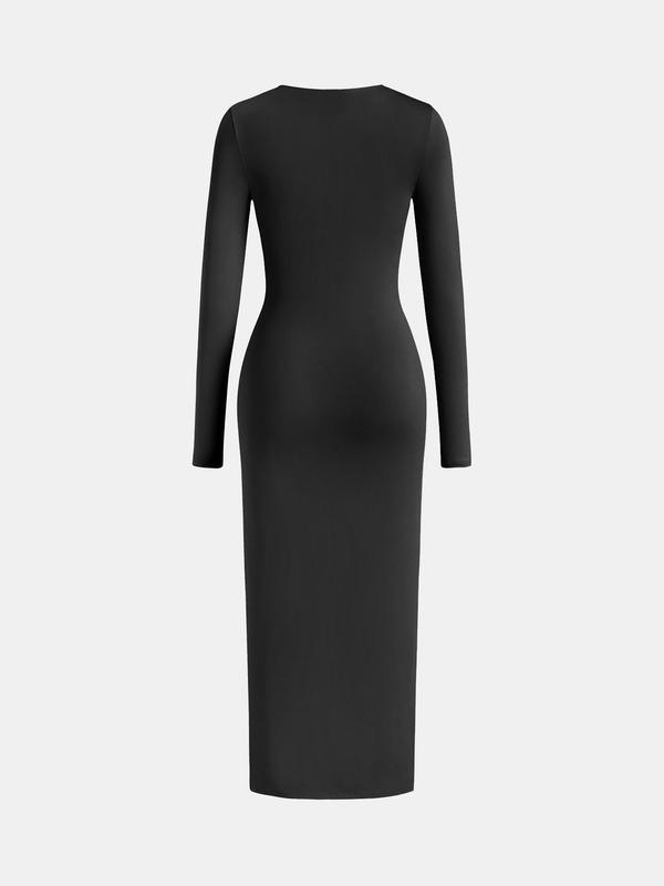 YOZY Women's Plain Zipper Bodycon Dress, Casual Long Sleeve Round Neck Maxi Dress for Spring & Fall, Women's Clothing for Daily Wear