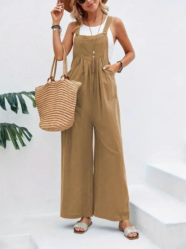 Women's Plain Button Pocket Suspender Pants without Top & Necklace, Casual Wide Leg Overalls Jumpsuit, Ladies Summer Clothes