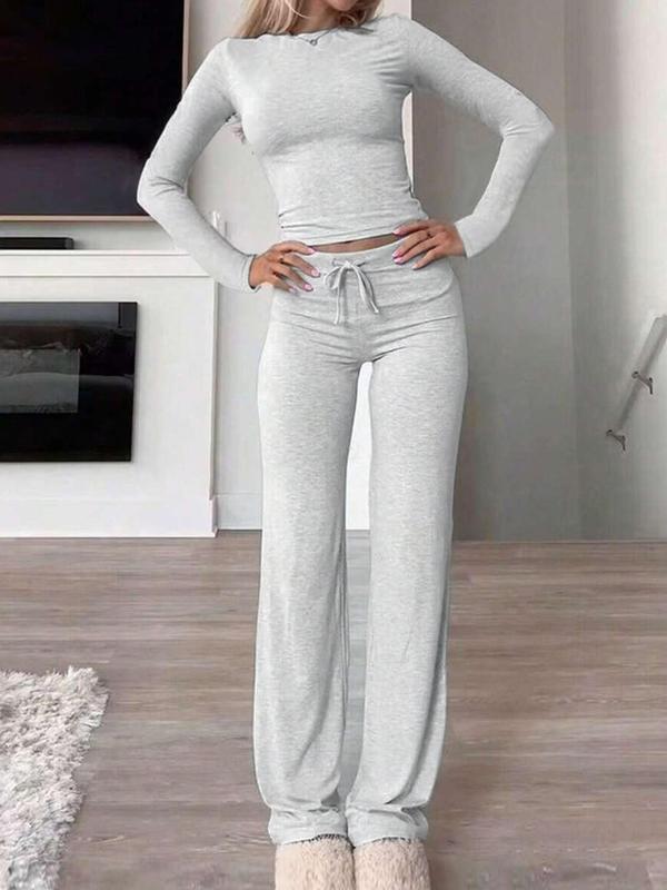 Women's Solid Ribbed Drawstring Lounge Set, Casual Comfy Long Sleeve Top & Pants Set for Fall & Winter, Women's Sleepwear for Indoor Wear