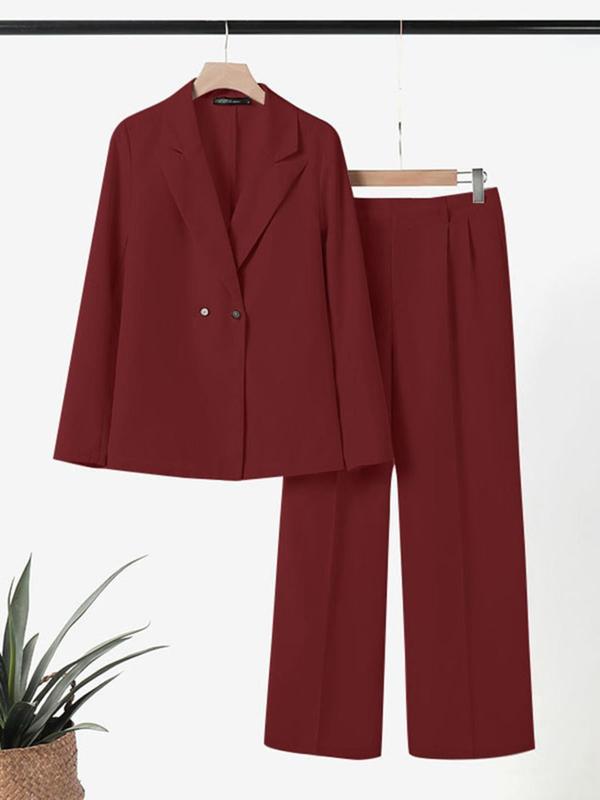 Women's Solid Double Button Lapel Neck Blazer & Pocket Pants Two-piece Set, Elegant Fashion Casual Outfits for Work Office Business, Ladies Fall & Winter Clothes