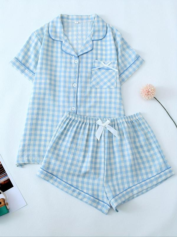 Two-Piece Set Women's Plaid Print Lapel Neck Button Front Pajama, Short Sleeve Pocket Shirt & Bow Front Shorts PJ Set, Casual Comfy Sleepwear Set for Women