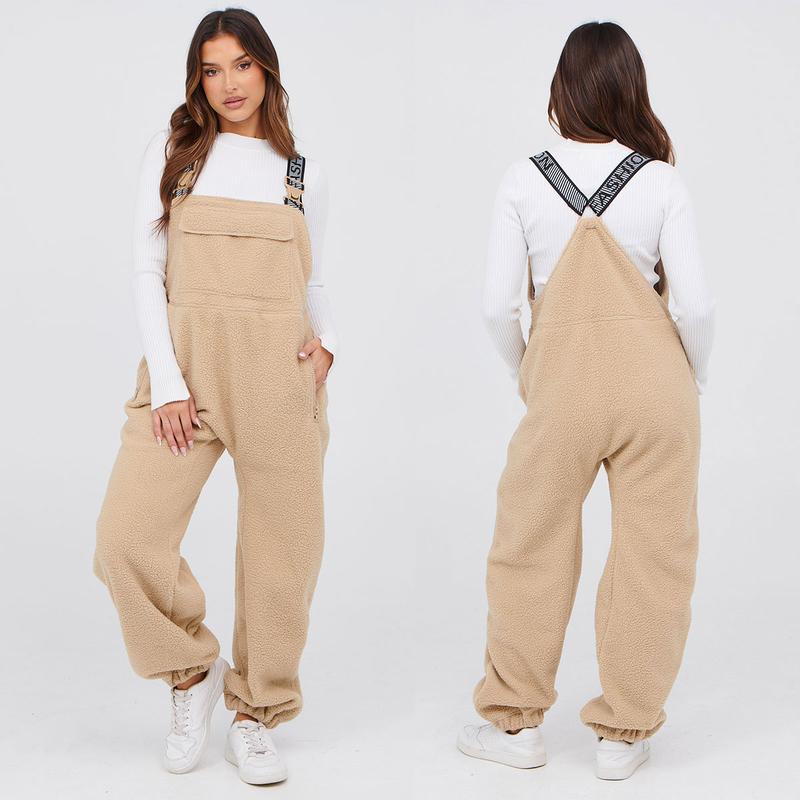 SCUSTY Womens Fleece Overalls 2024 Warm Winter Casual Loose Jumpsuits Sherpa Bib Overalls Fuzzy Ski Pants with Pockets