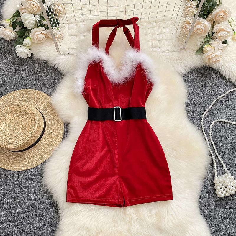 Women's Christmas Cosplay Costume Lingerie Rompers Plush Trim Christmas Party Cosplay Jumpsuits Playsuits