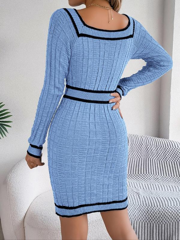 Women's Striped Print Button Decor Raglan Sleeve Sweater Dress, Casual Long Sleeve Square Neck Bodycon Knit Dress for Spring & Fall, Women's Knitwear for Daily Wear