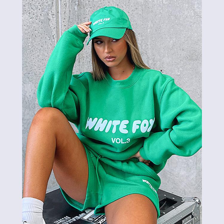 Most Beautiful Woman White Fox 2PCs racksuits set shorts and swaeater tracksuits set fashion sports logo long sleeve pullover hooded sweatshirt