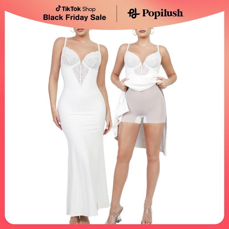 Popilush The Shapewear Dress  Lace Slip Split Maxi Dress Or Jumpsuit  Summer Womenswear Casual Fit Comfortable Loose Lady Christmas