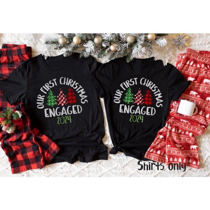 Couples Christmas Pajamas,  Xmas Couples Engaged Shirts, Xmas Couple First Christmas Pajamas, His and Hers Matching Engaged Xmas Shirts Christmas Gifts.