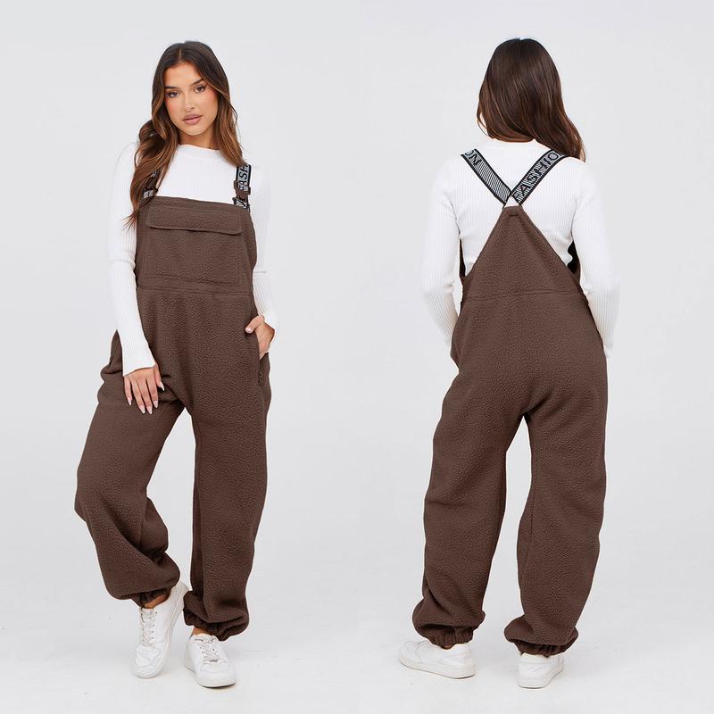 SCUSTY Womens Fleece Overalls 2024 Warm Winter Casual Loose Jumpsuits Sherpa Bib Overalls Fuzzy Ski Pants with Pockets