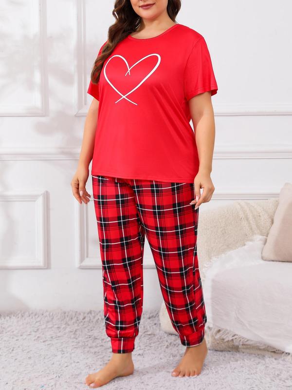  Two-piece Set Heart Print Short Sleeve Tee & Plaid Print Pants Pyjama, Casual Comfy Round Neck T-shirt & Trousers Pj Set, Women's Sleepwear for All Seasons