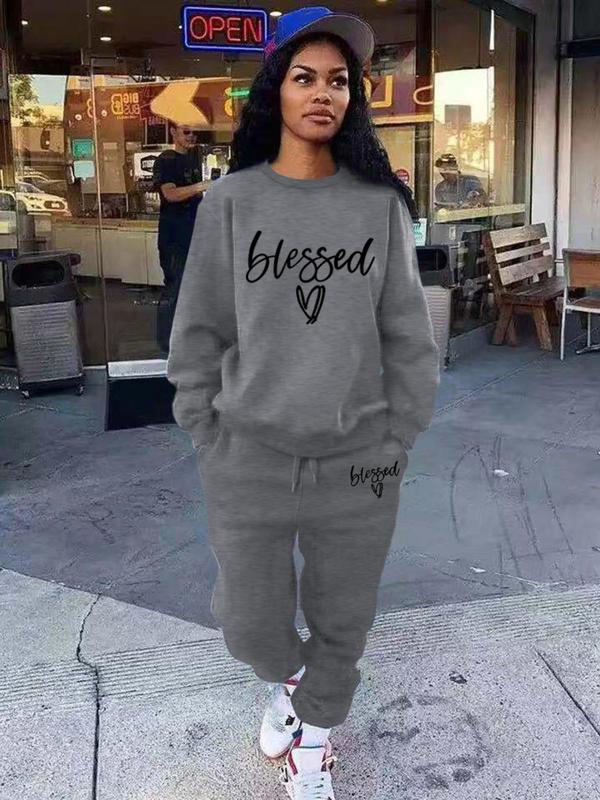 Women's Letter Print Sweatshirt & Pocket Sweatpants Suits Set,  Soft Long Sleeve Pullover & Jogger Pants, Two-piece Outfits, Comfort Womenswear, Spring & Fall Clothes for Lady