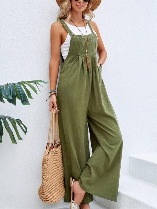 Women's Plain Button Pocket Suspender Pants without Top & Necklace, Casual Wide Leg Overalls Jumpsuit, Ladies Summer Clothes