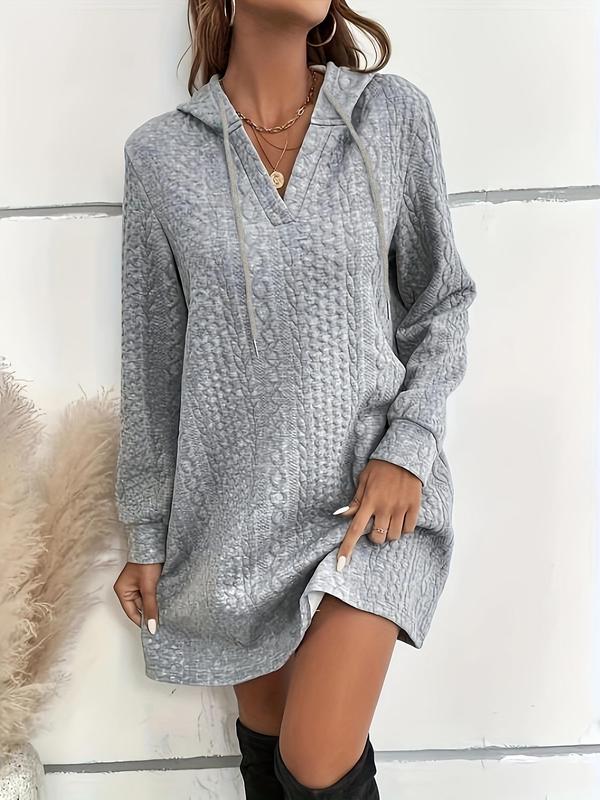  Women's Textured Drawstring Hooded Sweatshirt Dress, Casual Long Sleeve Short Dress for Spring & Fall, Women's Clothes for Daily Wear