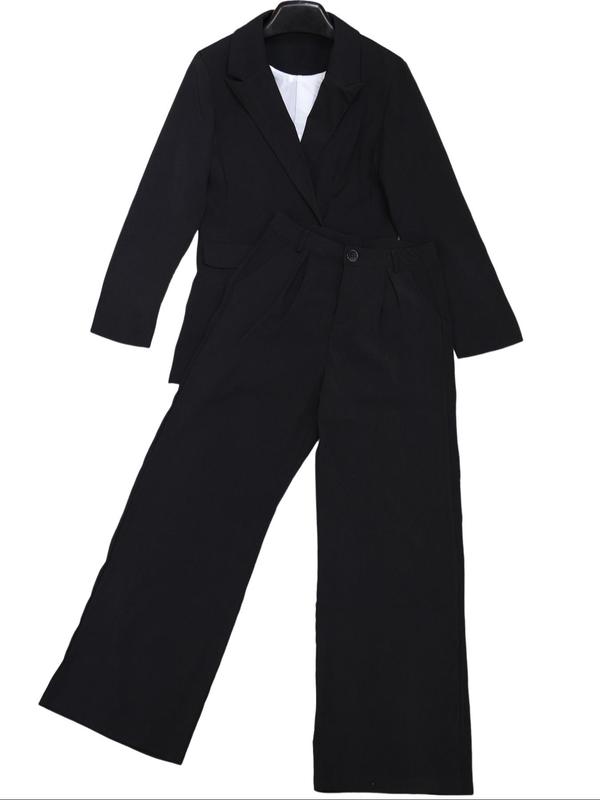 Women's Solid Double Button Lapel Neck Blazer & Wide Leg Pants Two-piece Set, Elegant Fashion Casual Long Sleeve Outerwear & Pocket High Waist Trousers for Daily Outdoor Wear, Women's Clothing for Spring & Fall