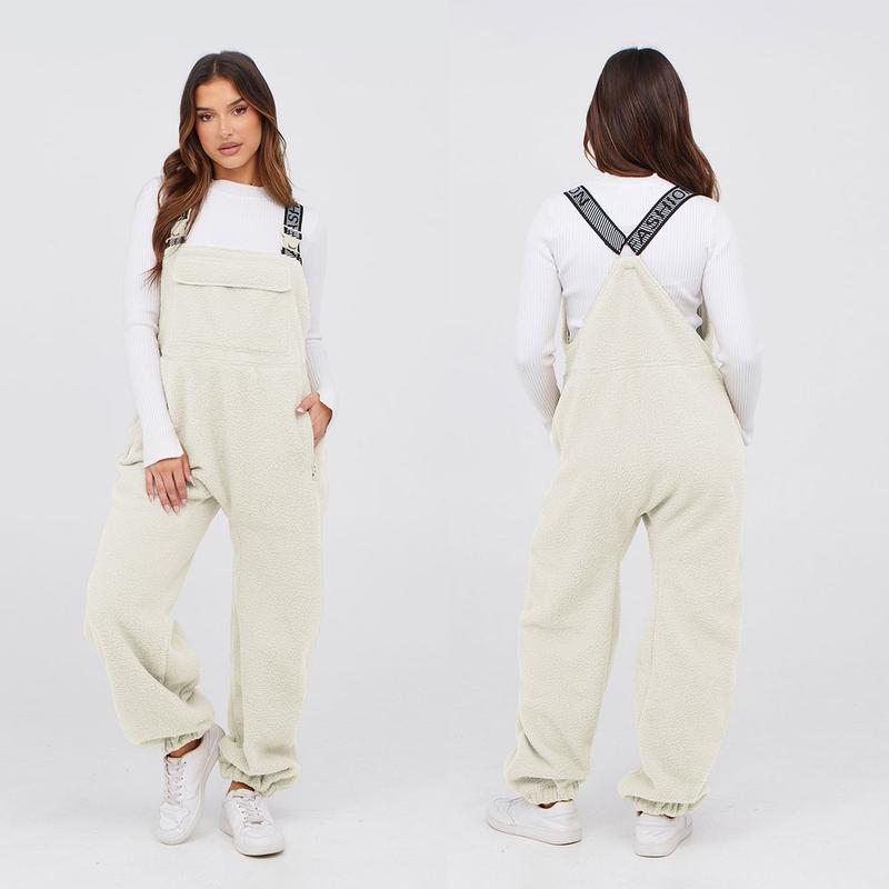 SCUSTY Womens Fleece Overalls 2024 Warm Winter Casual Loose Jumpsuits Sherpa Bib Overalls Fuzzy Ski Pants with Pockets