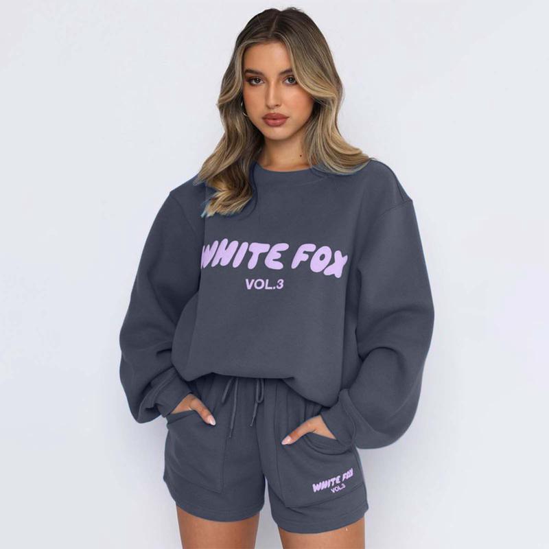 Most Beautiful Woman White Fox 2PCs racksuits set shorts and swaeater tracksuits set fashion sports logo long sleeve pullover hooded sweatshirt