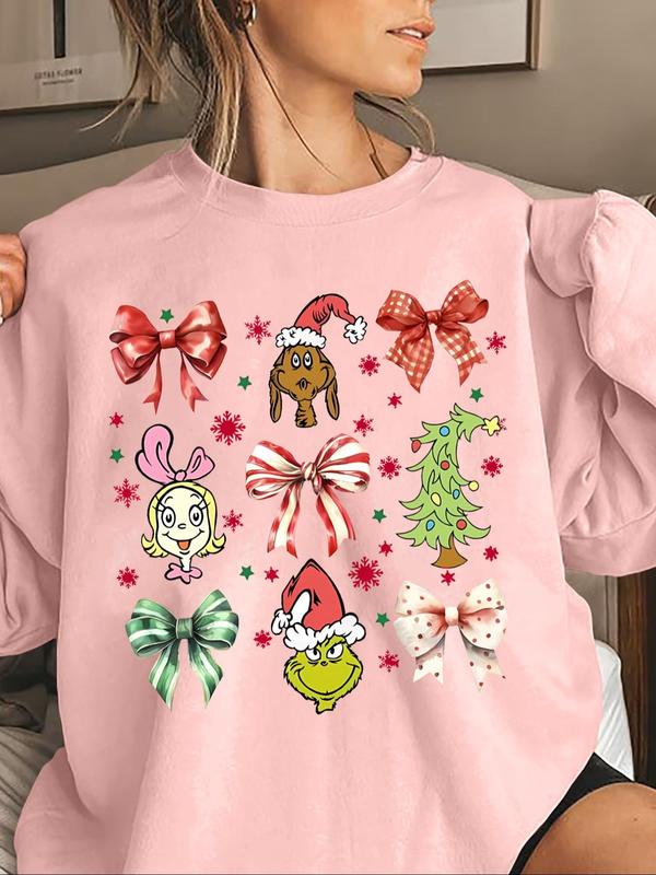 Women's Cartoon Christmas Print Crew Neck Sweatshirt, Casual Drop Shoulder Long Sleeve Pullover, Women's Fall & Winter Clothes for Daily Wear