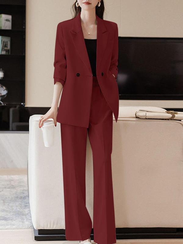 Women's Solid Double Button Lapel Neck Blazer & Pocket Pants Two-piece Set, Elegant Fashion Casual Outfits for Work Office Business, Ladies Fall & Winter Clothes