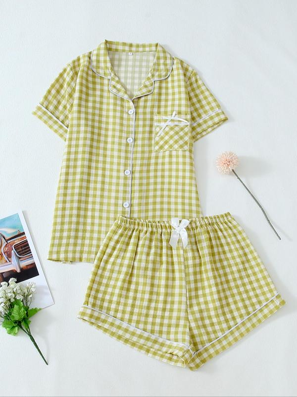 Two-Piece Set Women's Plaid Print Lapel Neck Button Front Pajama, Short Sleeve Pocket Shirt & Bow Front Shorts PJ Set, Casual Comfy Sleepwear Set for Women