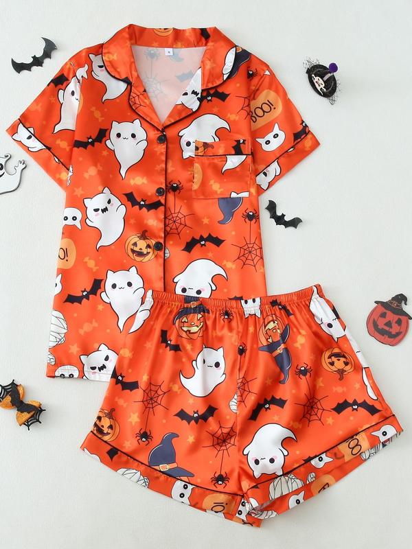 Women's Cartoon Pumpkin and Ghost Print Pocket Shirt & Shorts Christmas Theme Satin Pyjama Two-piece Set, Casual Comfy Short Sleeve Halloween Button Front Top & Shorts Pj Set, Ladies Sleepwear for Fall Back To School, Halloween Costumes