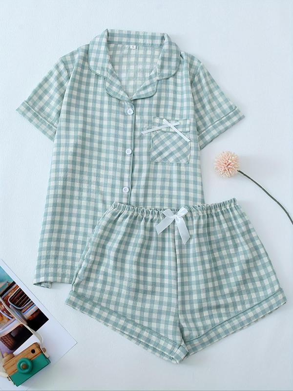 Two-Piece Set Women's Plaid Print Lapel Neck Button Front Pajama, Short Sleeve Pocket Shirt & Bow Front Shorts PJ Set, Casual Comfy Sleepwear Set for Women