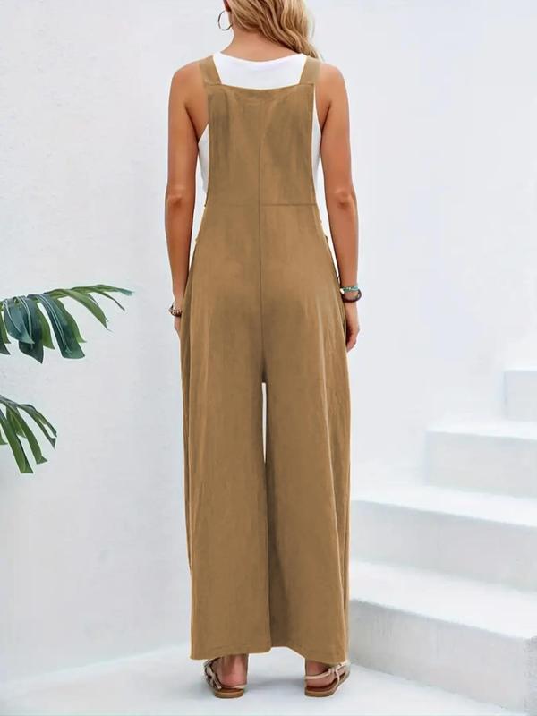 Women's Plain Button Pocket Suspender Pants without Top & Necklace, Casual Wide Leg Overalls Jumpsuit, Ladies Summer Clothes