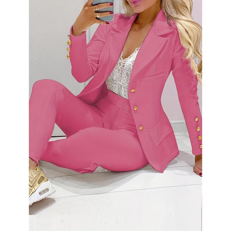 Two-piece Set, Double-breasted Blazer & Slim Pants, Business Casual Women's Clothing Outfits Long Sleeve Fabric