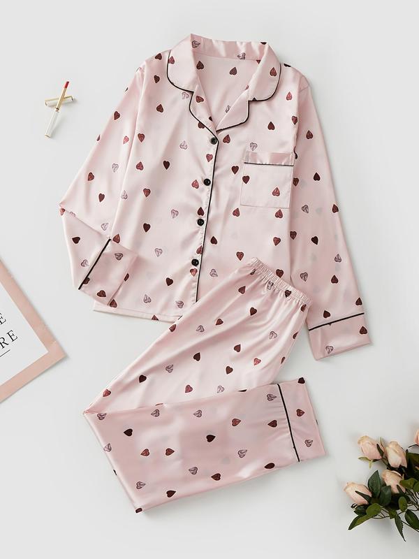 Women's Heart Print Satin Loungewear Set, Casual Lapel Button Front Shirt & Pants Pajama Set, Women's Sleepwear, Womenswear