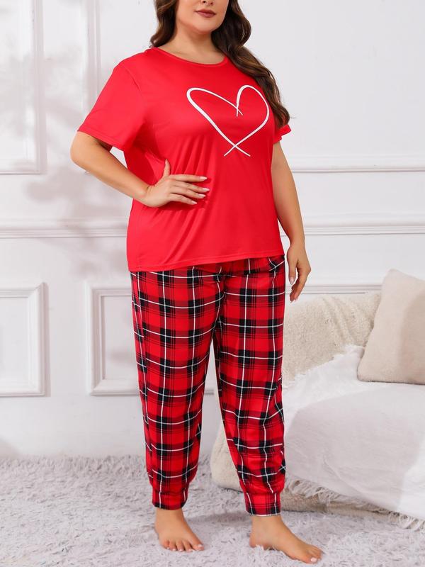  Two-piece Set Heart Print Short Sleeve Tee & Plaid Print Pants Pyjama, Casual Comfy Round Neck T-shirt & Trousers Pj Set, Women's Sleepwear for All Seasons