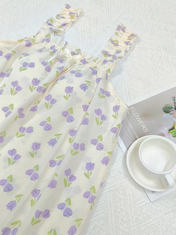 Women's Floral Print Bow Front Frill Trim Ruffle Hem Nightdress, Cute Sweet Soft Comfy Sleeveless Nightgown,  Women's Sleepwear for All Seasons