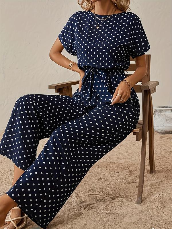 Women's Polka Dot Print Belted Wide Leg Jumpsuit, Elegant Short Sleeve Round Neck Jumpsuit for Vacation Holiday Daily Wear, Ladies Clothes for All Seasons