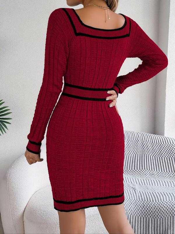 Women's Striped Print Button Decor Raglan Sleeve Sweater Dress, Casual Long Sleeve Square Neck Bodycon Knit Dress for Spring & Fall, Women's Knitwear for Daily Wear