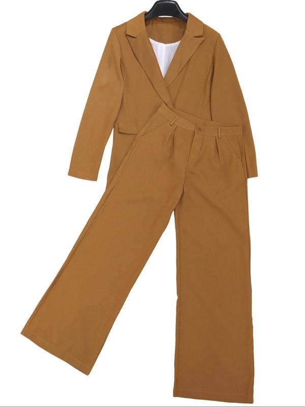 Women's Solid Double Button Lapel Neck Blazer & Wide Leg Pants Two-piece Set, Elegant Fashion Casual Long Sleeve Outerwear & Pocket High Waist Trousers for Daily Outdoor Wear, Women's Clothing for Spring & Fall