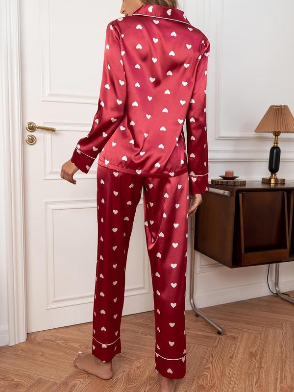 Women's Heart Print Satin Loungewear Set, Casual Lapel Button Front Shirt & Pants Pajama Set, Women's Sleepwear, Womenswear