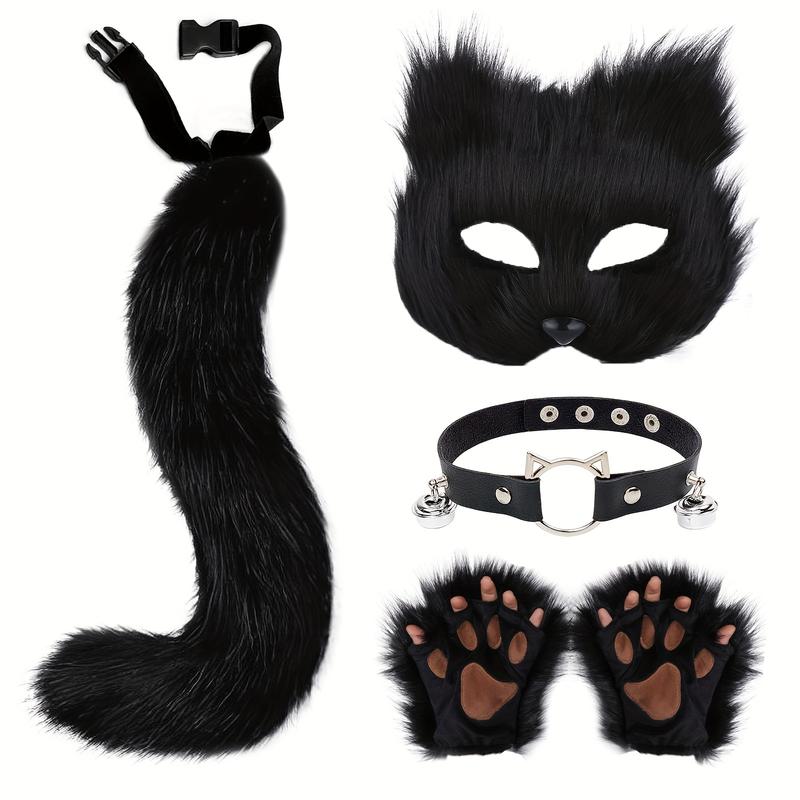 5-Piece Therian Masquerade Costume Set: Cute Animal Accessories with Mask, Tail, Paw Hand Covers, PU Leather Choker Collar for Cosplay and Themed Parties