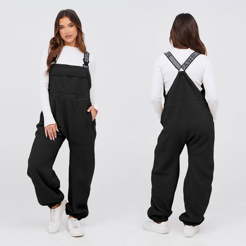 SCUSTY Womens Fleece Overalls 2024 Warm Winter Casual Loose Jumpsuits Sherpa Bib Overalls Fuzzy Ski Pants with Pockets