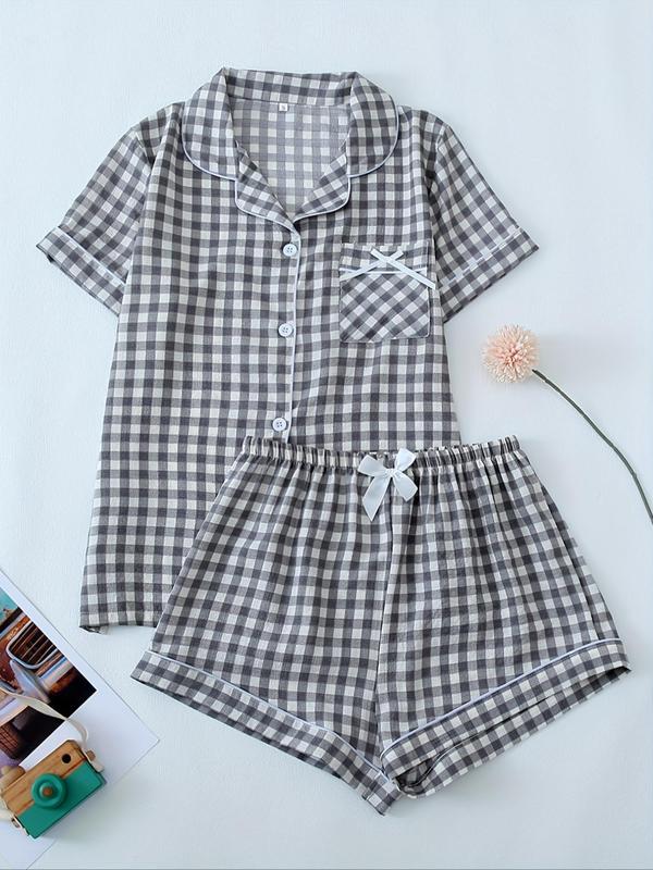 Two-Piece Set Women's Plaid Print Lapel Neck Button Front Pajama, Short Sleeve Pocket Shirt & Bow Front Shorts PJ Set, Casual Comfy Sleepwear Set for Women