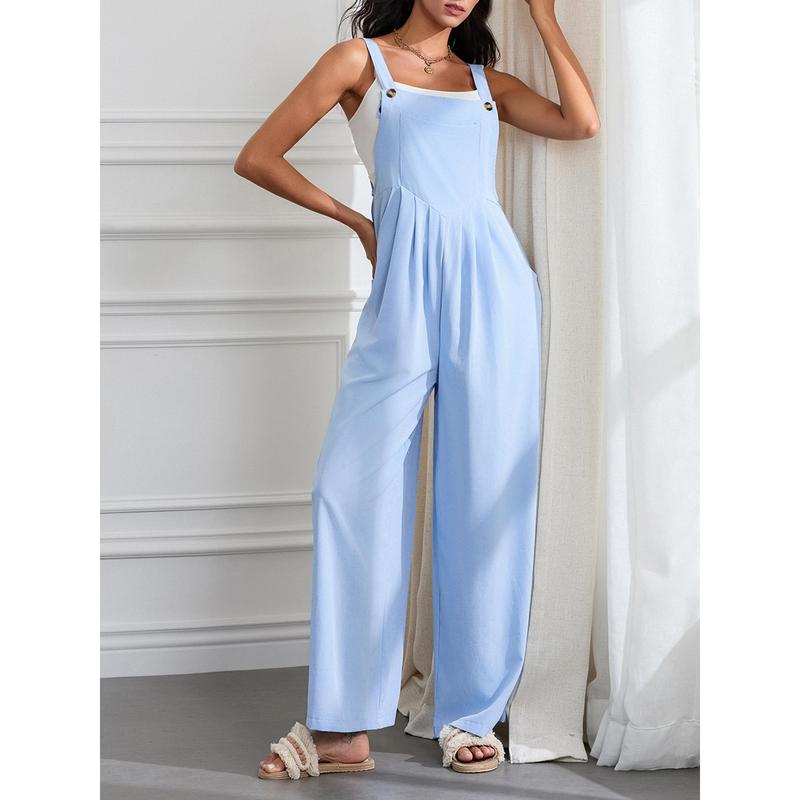 Wide Leg Overalls for Women Sleeveless Jumpsuits Suspender Overalls Casual Loose Solid Baggy Long Rompers with Pockets