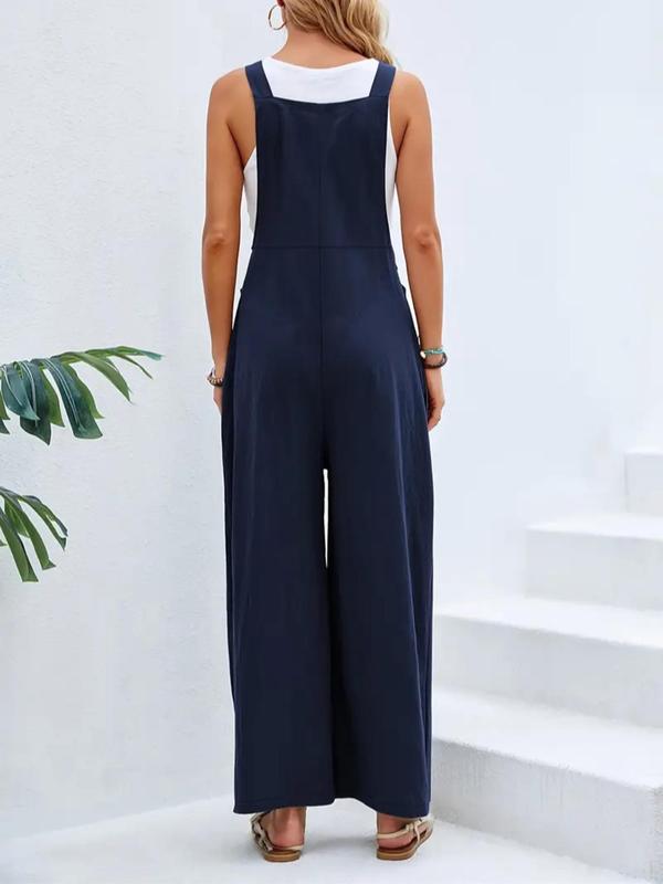 Women's Plain Button Pocket Suspender Pants without Top & Necklace, Casual Wide Leg Overalls Jumpsuit, Ladies Summer Clothes