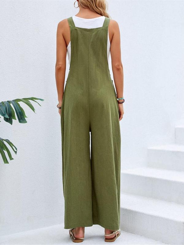 Women's Plain Button Pocket Suspender Pants without Top & Necklace, Casual Wide Leg Overalls Jumpsuit, Ladies Summer Clothes