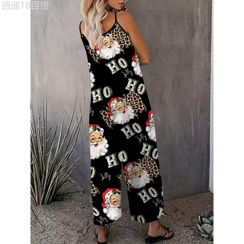 Women's Festive Santa Claus Print Sleeveless Jumpsuit with Pockets - Stretchy Polyester & Spandex Blend, Casual Knit Cami Romper for All Seasons, Machine Washable Fabric Womenswear Collar Overalls Strap Comfort Spaghetti Strap