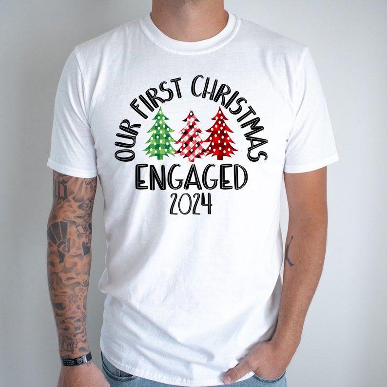 Couples Christmas Pajamas,  Xmas Couples Engaged Shirts, Xmas Couple First Christmas Pajamas, His and Hers Matching Engaged Xmas Shirts Christmas Gifts.