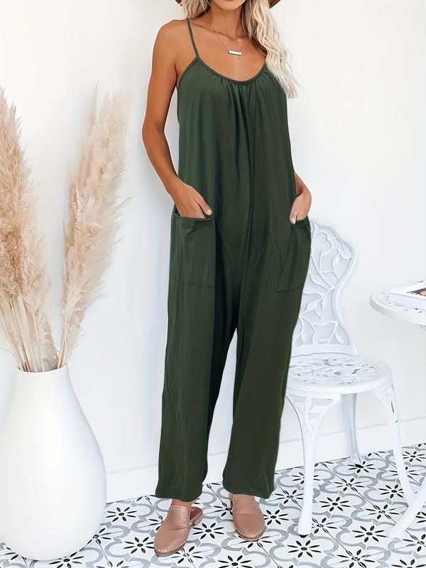  Solid Color Backless Pocket Cami Jumpsuit, Casual Adjustable Strap Jumpsuit for Beach Holiday Vacation, Women's Clothing for All Seasons