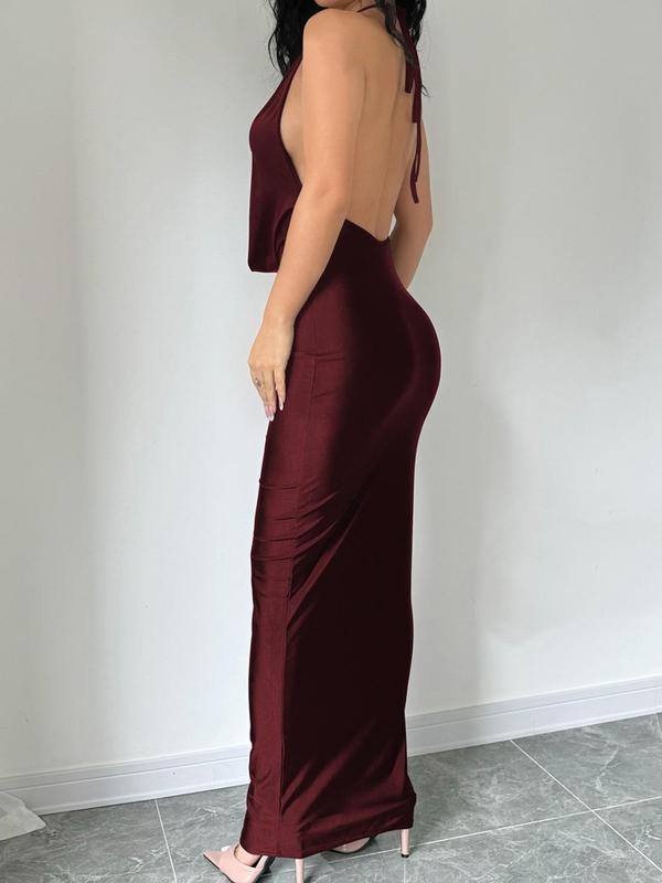 Women's Solid Backless Draped Tie Back Satin Dress, Fashion Halter Neck Sleeveless Long Bodycon Dress for Evening Party, Birthday Dresses 2024, Dresses for Women, Elegant Dress for Women, Summer Outfits 2024