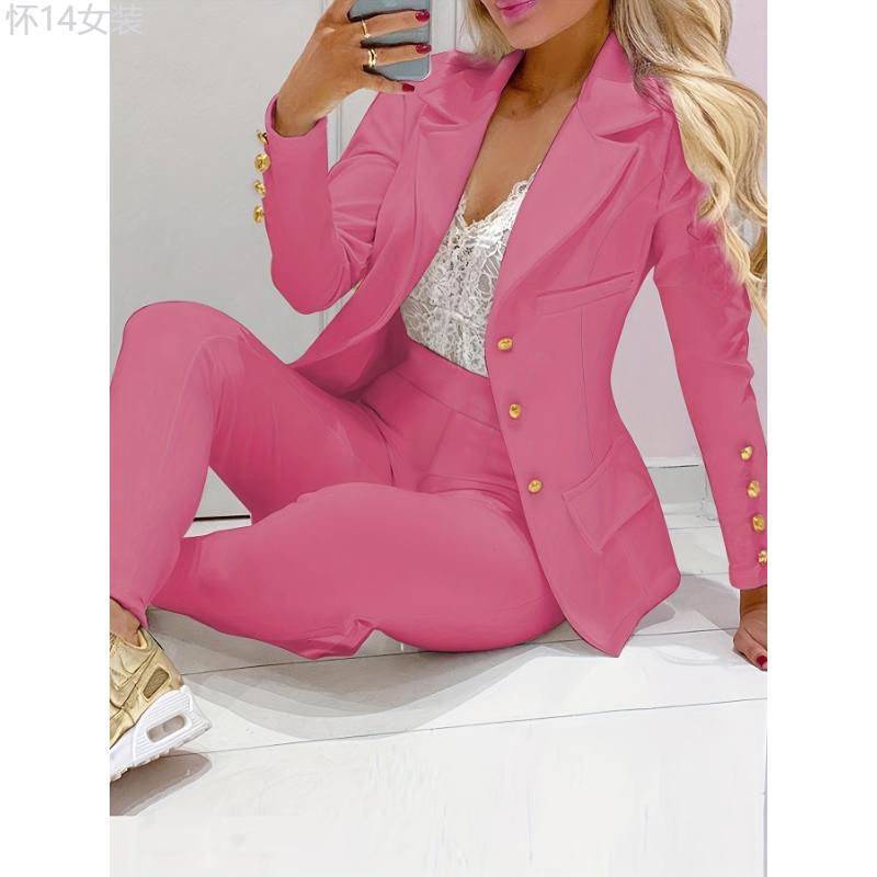 Two-piece Set, Double-breasted Blazer & Slim Pants, Business Casual Women's Clothing Outfits Sleeve Suit