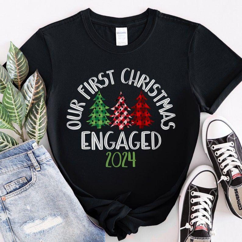 Couples Christmas Pajamas,  Xmas Couples Engaged Shirts, Xmas Couple First Christmas Pajamas, His and Hers Matching Engaged Xmas Shirts Christmas Gifts.