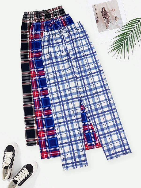 3 PCS Set Per Pack Women's Soft Drawstring Elastic Waist Loose Cute Heart Plaid Knit Causal Sleeping Pajamas Trousers Red PJ Pants Bottom For Summer Fall Comfort Loungewear  Fabric Casual Floral Pajama Set pantalón  pijama matching pants loungewear pjs